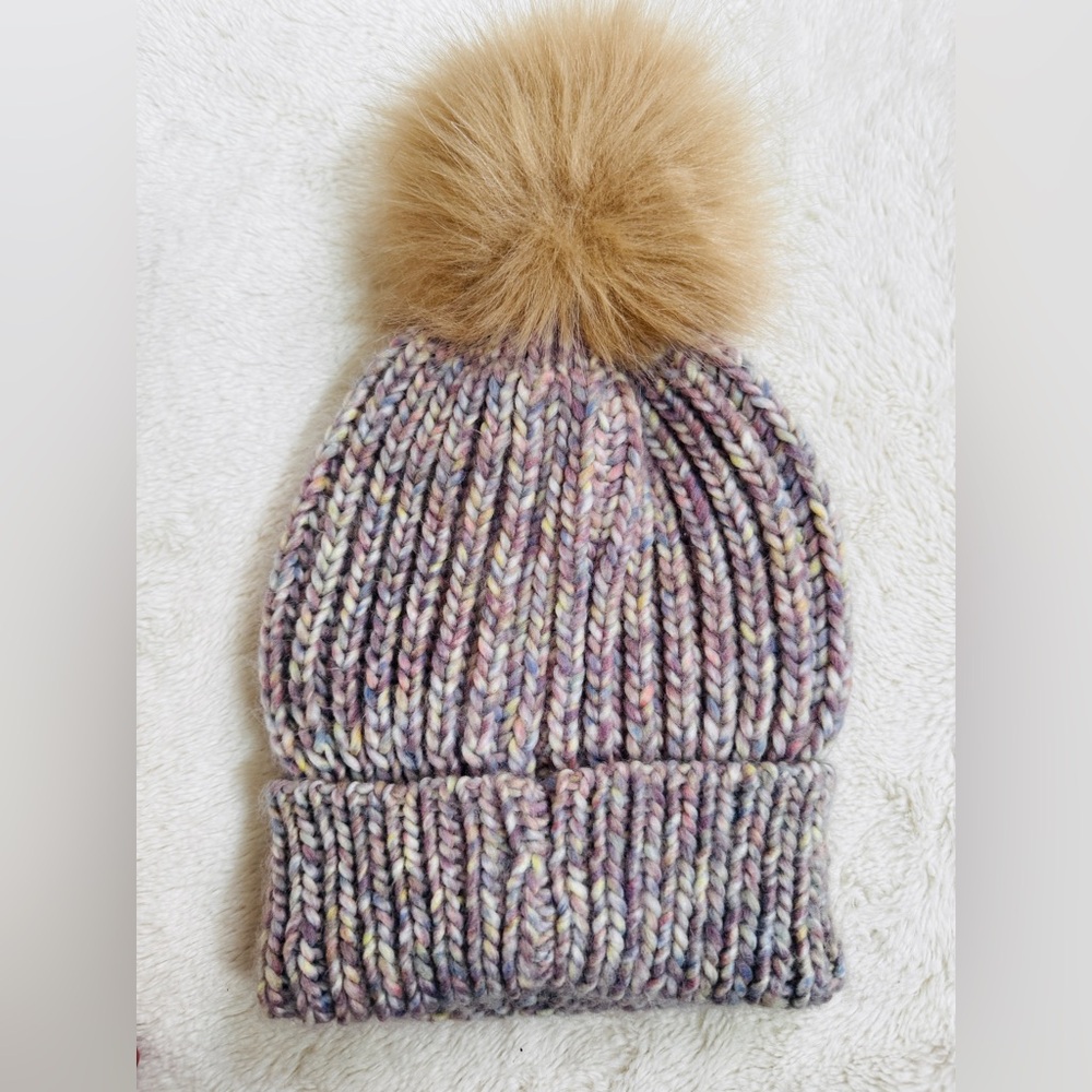 LOFT Pastel Knit Beanie with Faux Fur Pom | Soft Winter Hat | OS